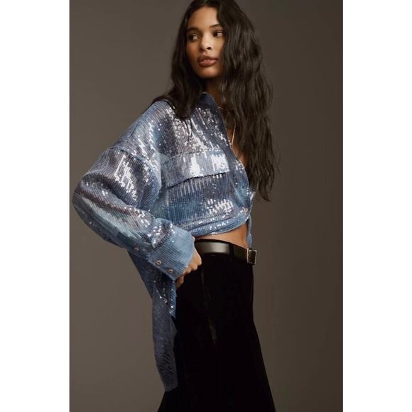 Anthropologie Pilcro Blue Sequin Oversized Button Up Blouse Size XL NEW - Picture 1 of 16